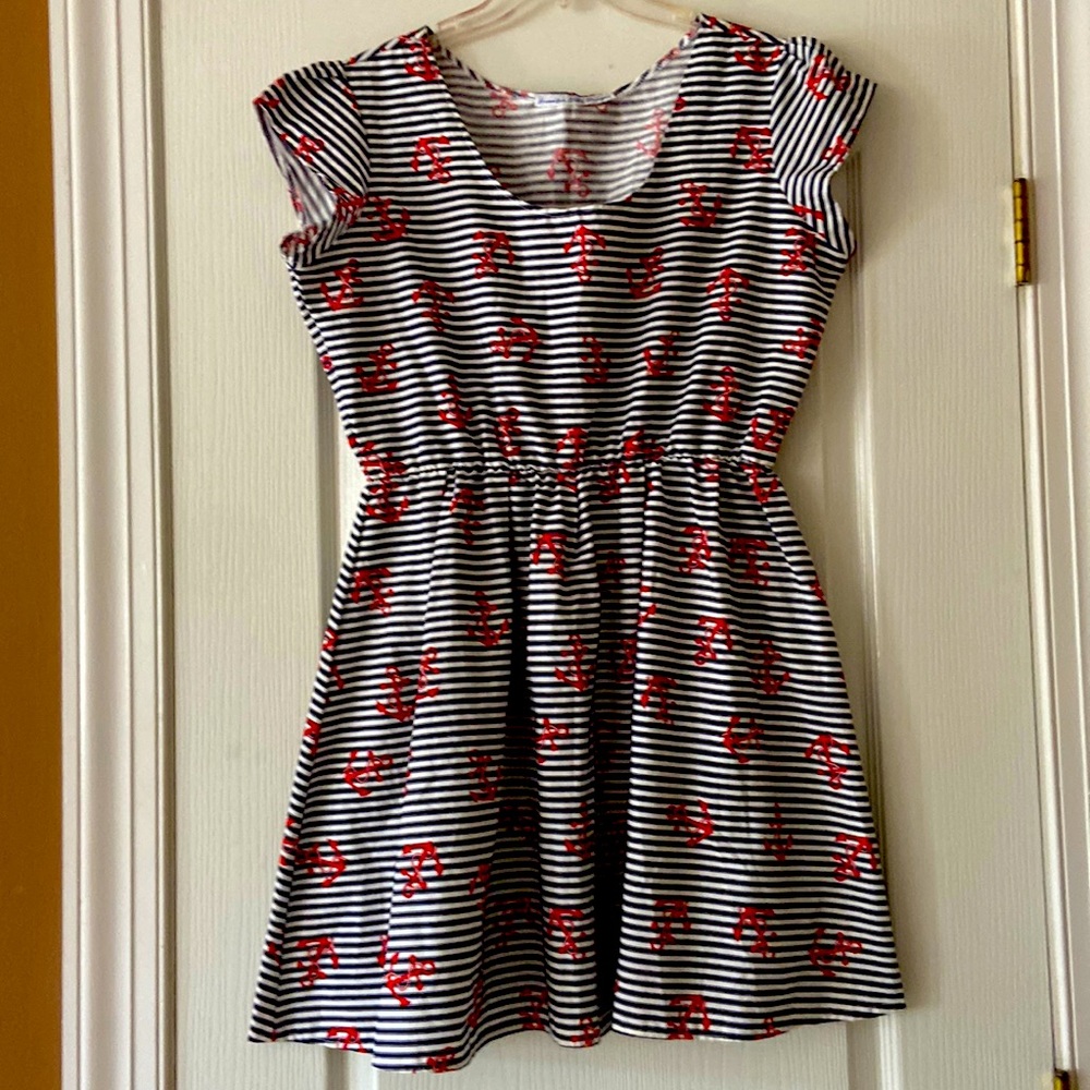 Custom made red white and blue nautical anchor dress size 14. Forth of July!🇺🇸